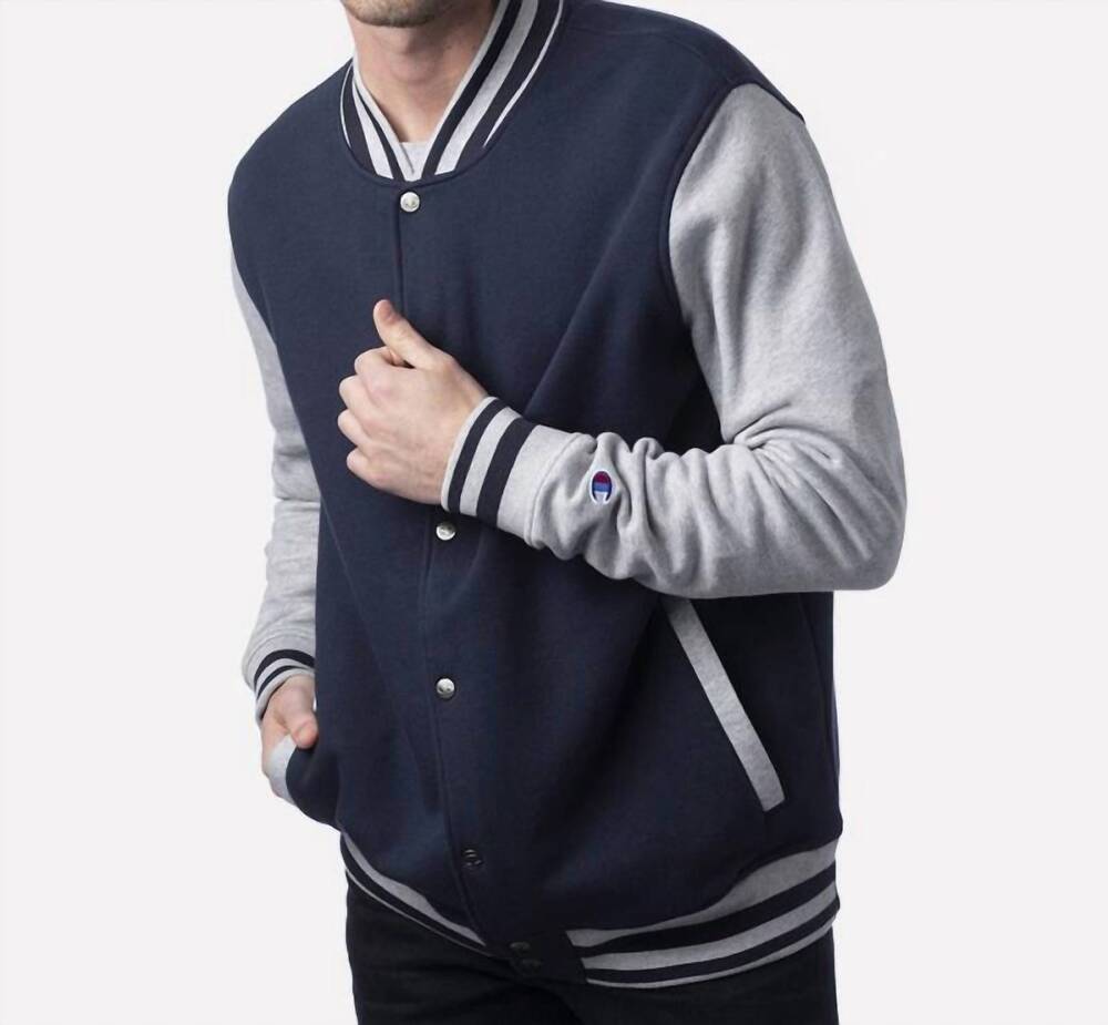 NEW CHAMPION snap up athletic wear varsity bomber jacket in navy blue grey